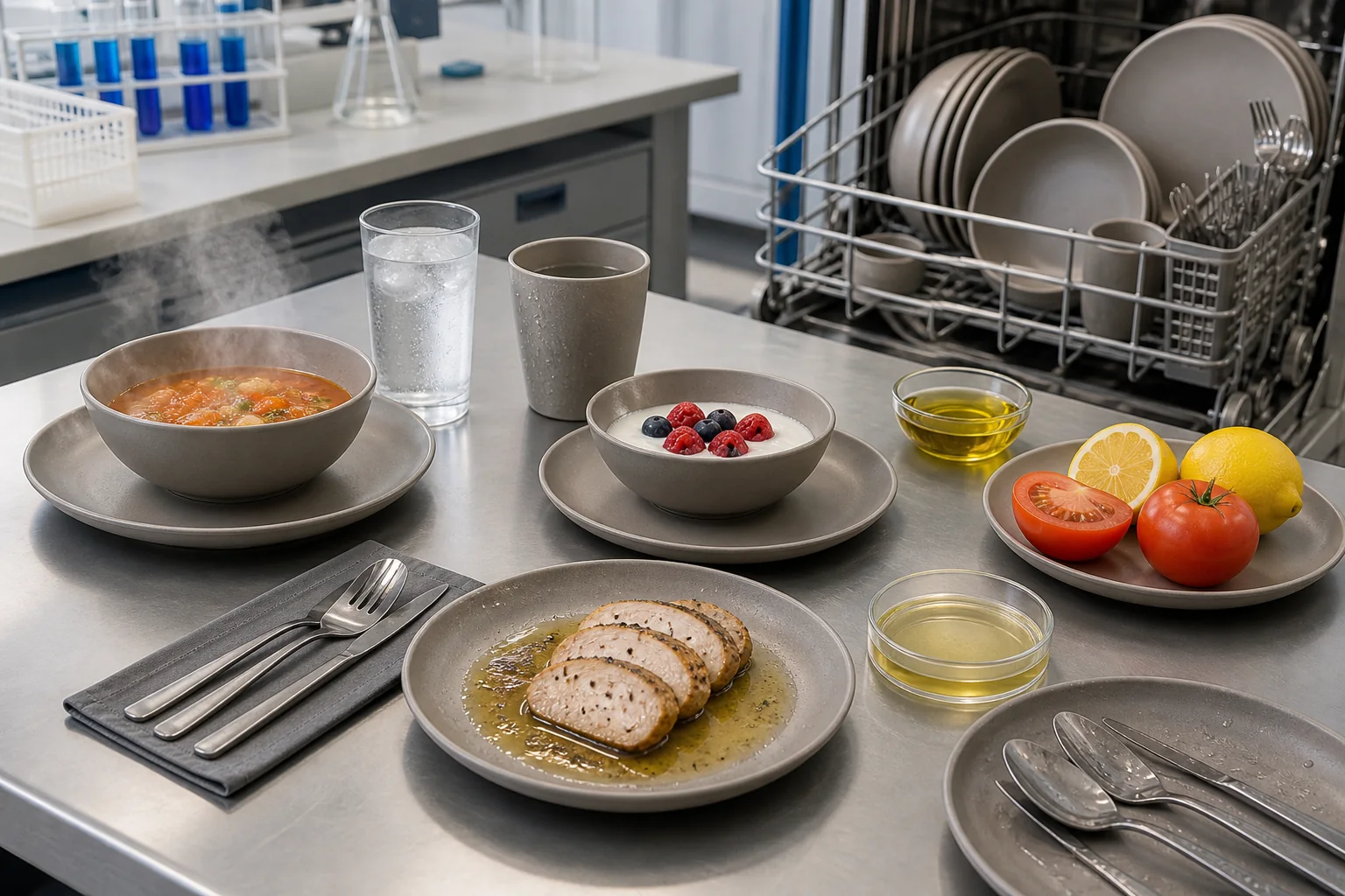 Reusable bowls plates cups and cutlery arranged for hot cold fatty acidic and repeated-wash test scenarios