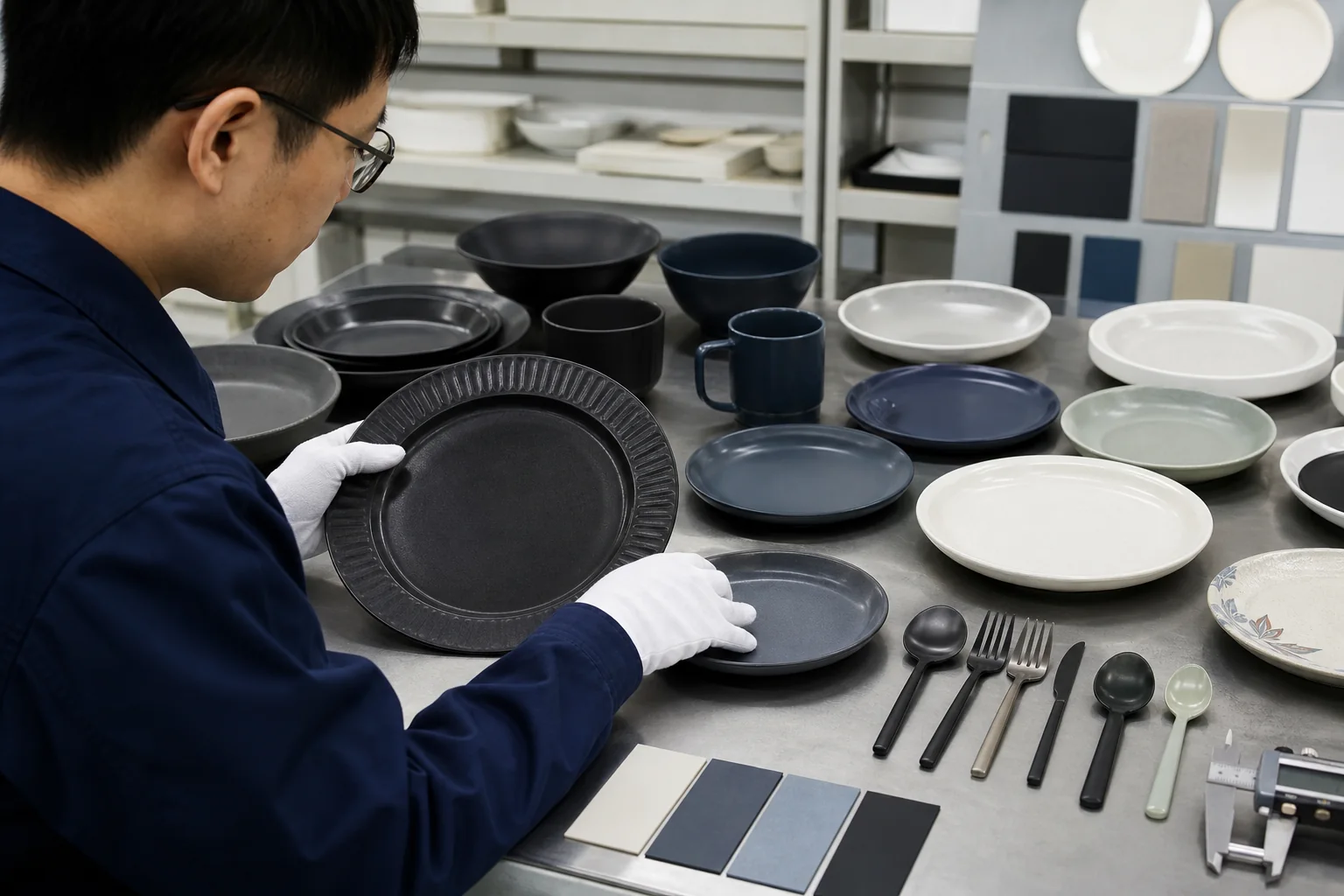 Quality engineer compares tableware colors sizes decorations materials and constructions for worst-case test selection