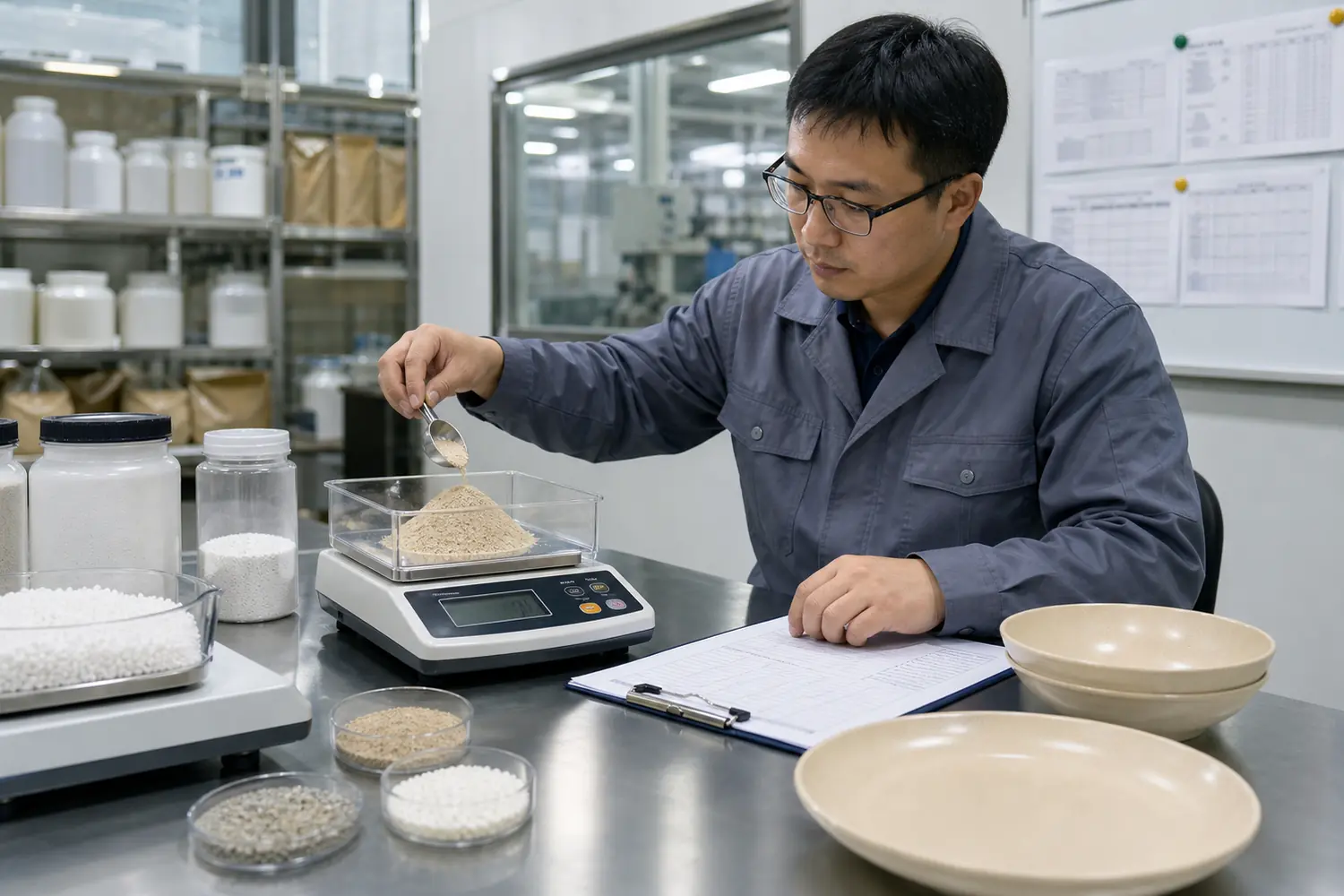 Factory materials engineer weighing wheat straw powder polymer resin additives and finished composite samples for a mass balance review