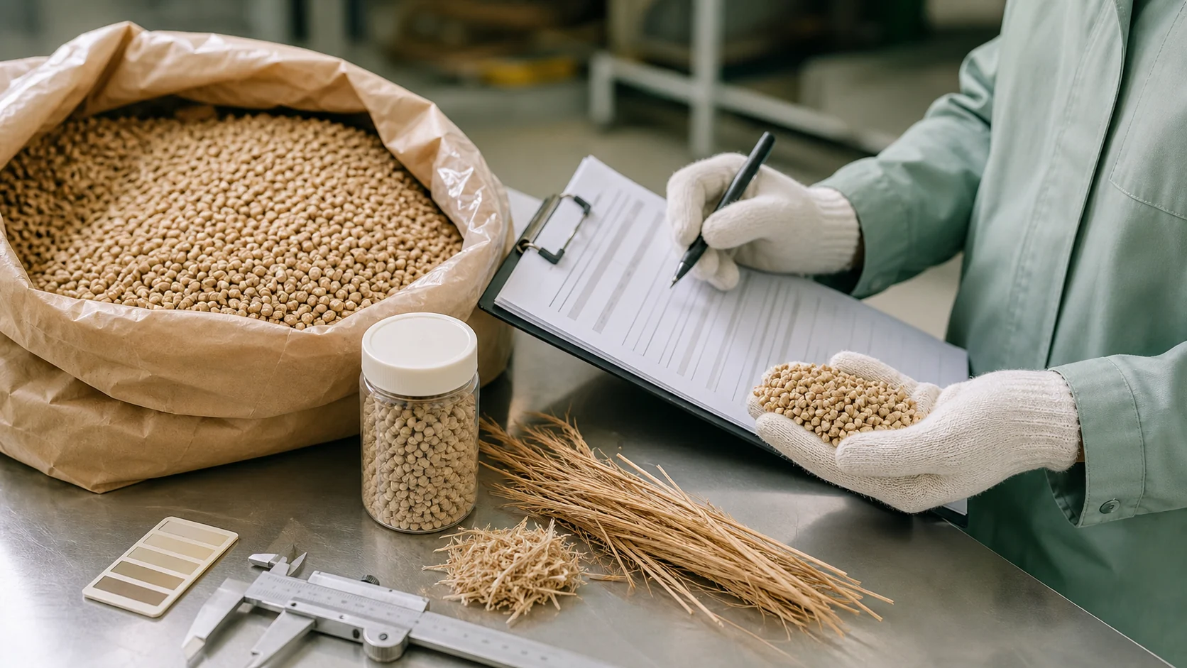 Quality engineer checks wheat straw composite resin fiber pigment specifications and supplier lot records beside tableware samples