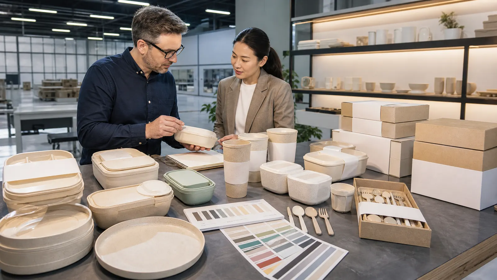 wheat straw corporate gifts - Buyer and factory designer reviewing wheat-straw lunch boxes, cups, cutlery and blank gift packaging