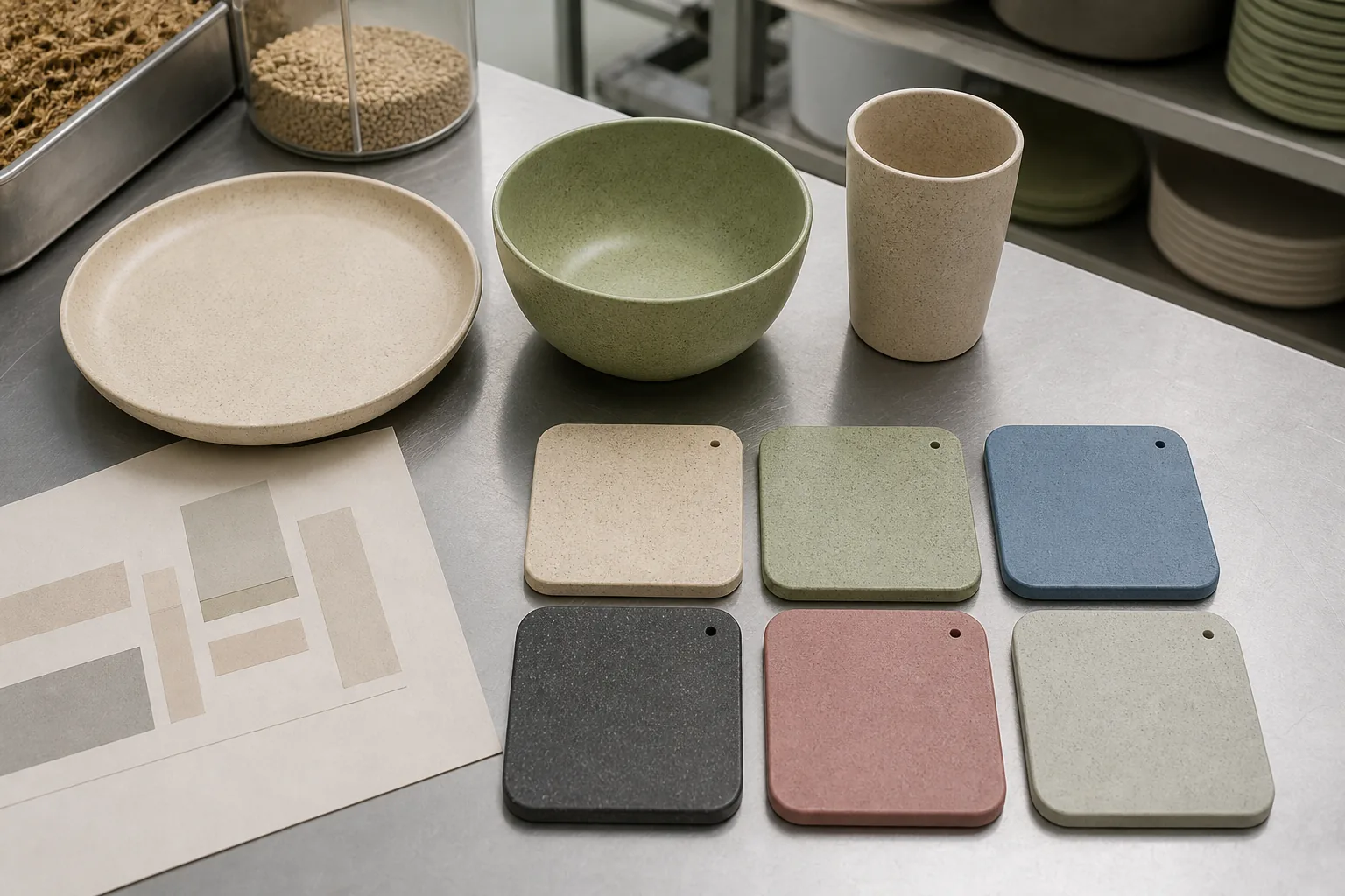 Wheat straw composite plate bowl and cup with OEM color sample plaques