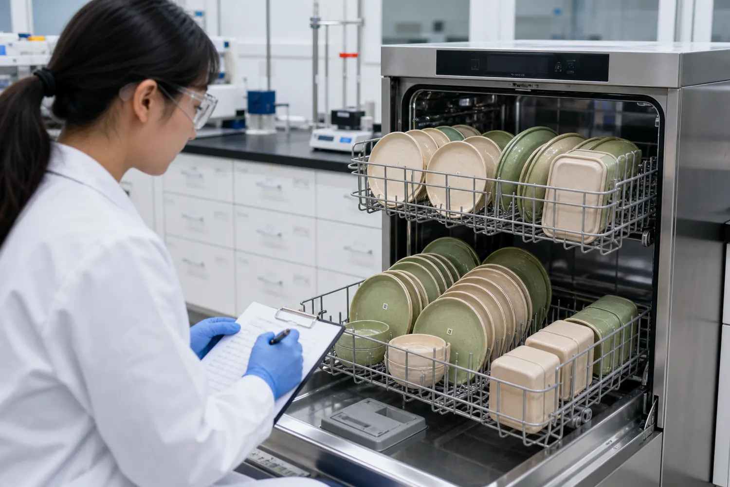 Numbered wheat-straw composite tableware samples arranged in a laboratory dishwasher for repeated cleaning cycles