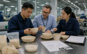 Factory quality team and buyer verify wheat straw fiber content using composite samples formulation records and laboratory reports