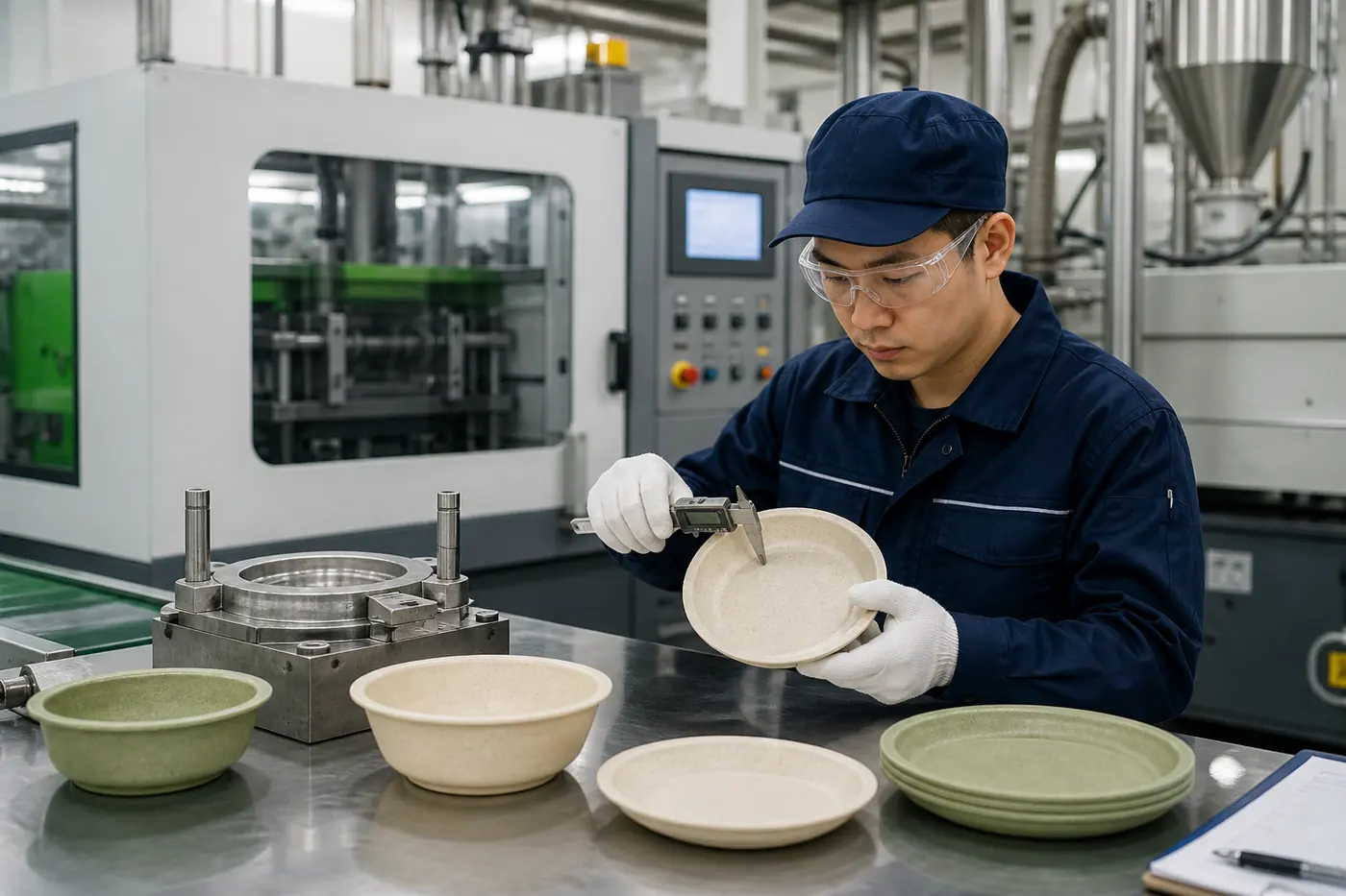 Factory technician measuring a wheat straw composite plate during first-piece inspection beside molding equipment