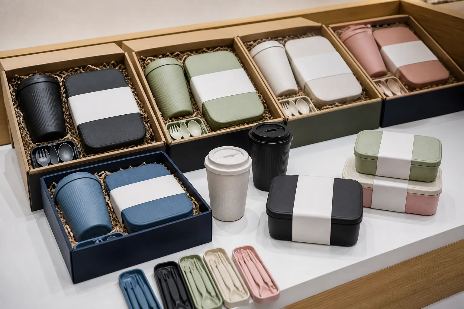 Coordinated wheat-straw lunch boxes, cups and cutlery gift sets displayed in multiple branded colorways