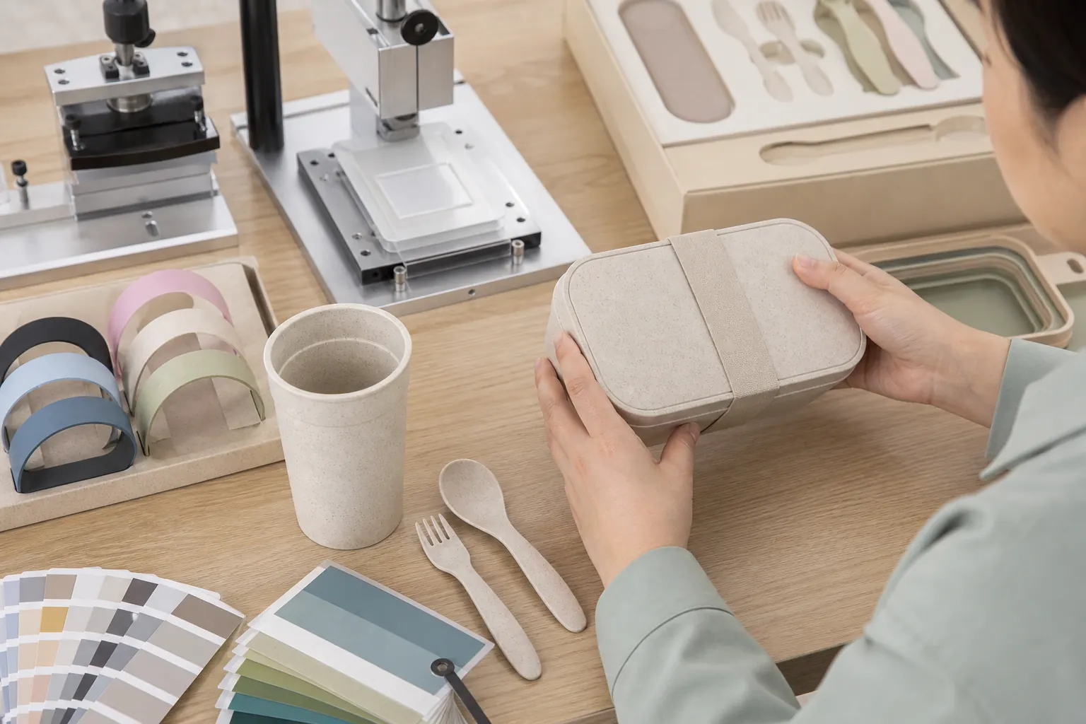 Designer checking a wheat-straw lunch box with logo fixtures, blank sleeves and color swatches