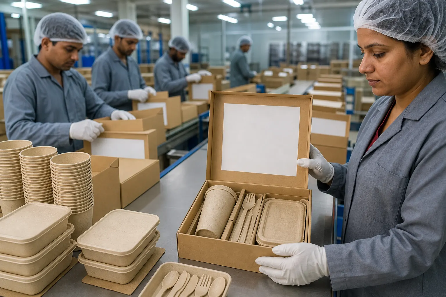 Packing line assembling wheat-straw cup, lunch box and cutlery into recyclable corporate gift cartons