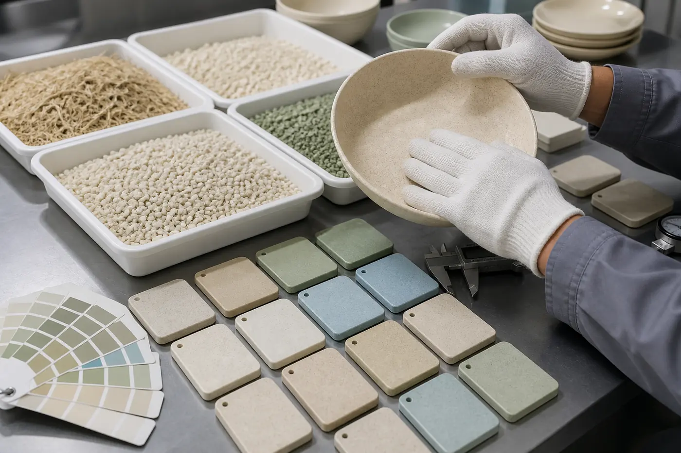 Technician comparing wheat straw composite material granules, color plaques and a molded bowl sample