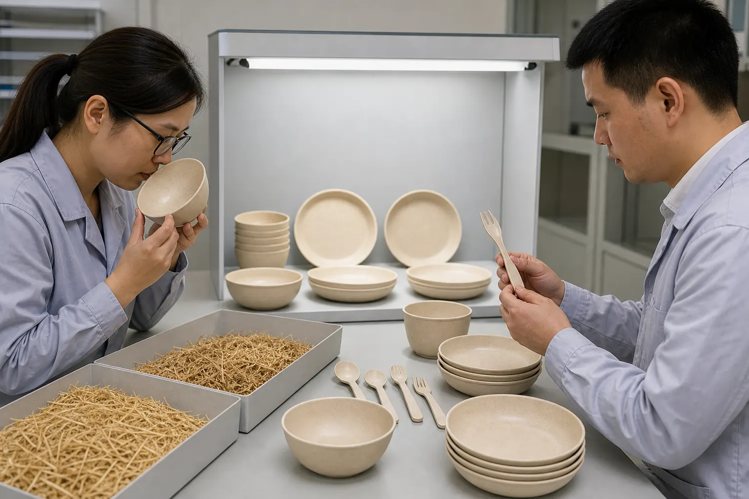 Inspection team evaluating odor color and surface texture of washed wheat-straw bowls under controlled lighting