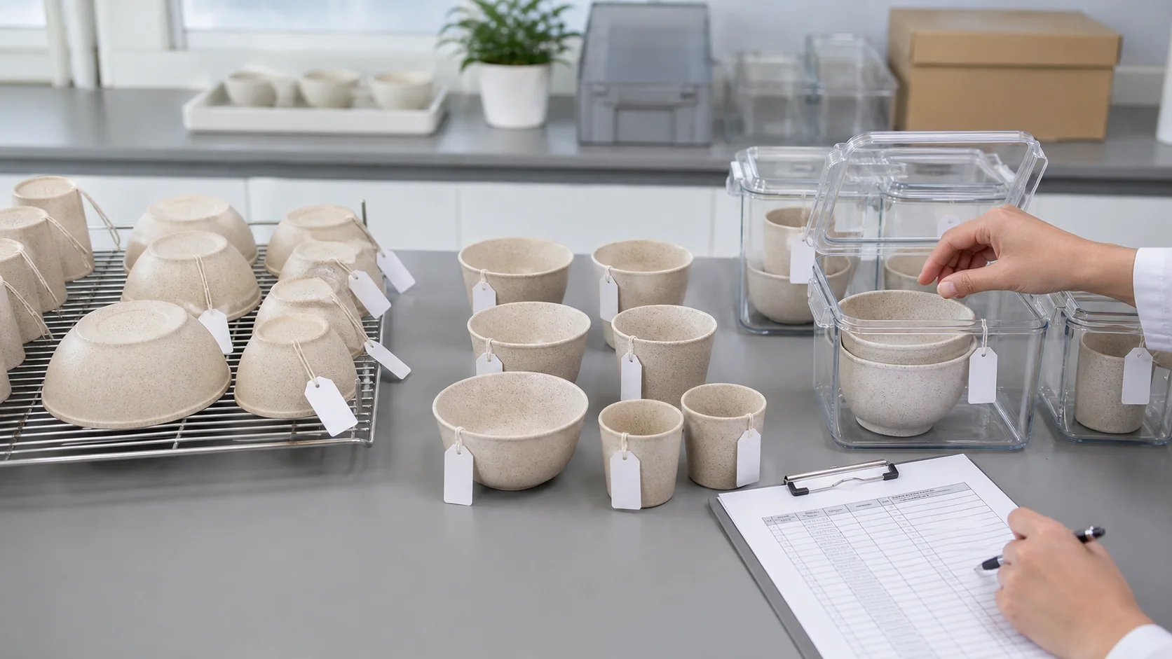 Coded wheat straw tableware samples reviewed after controlled washing drying and sealed storage cycles