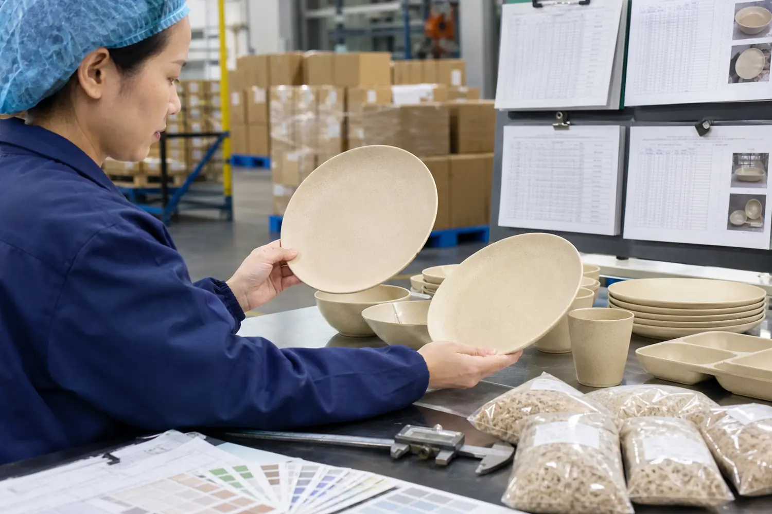 Quality inspector comparing approved wheat straw tableware samples batch records material labels and change control documents
