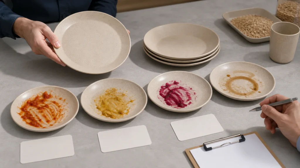 Wheat straw tableware stain smell diagnosis with clean and exposed plates food samples and a buyer review sheet