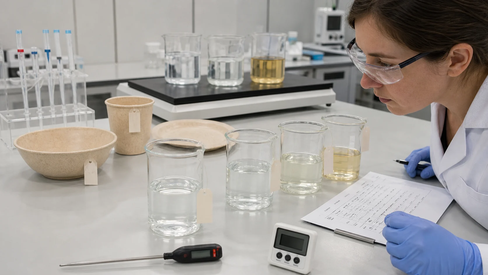 Laboratory specialist reviews finished wheat straw tableware specimens migration test scope food simulants and conditions of use