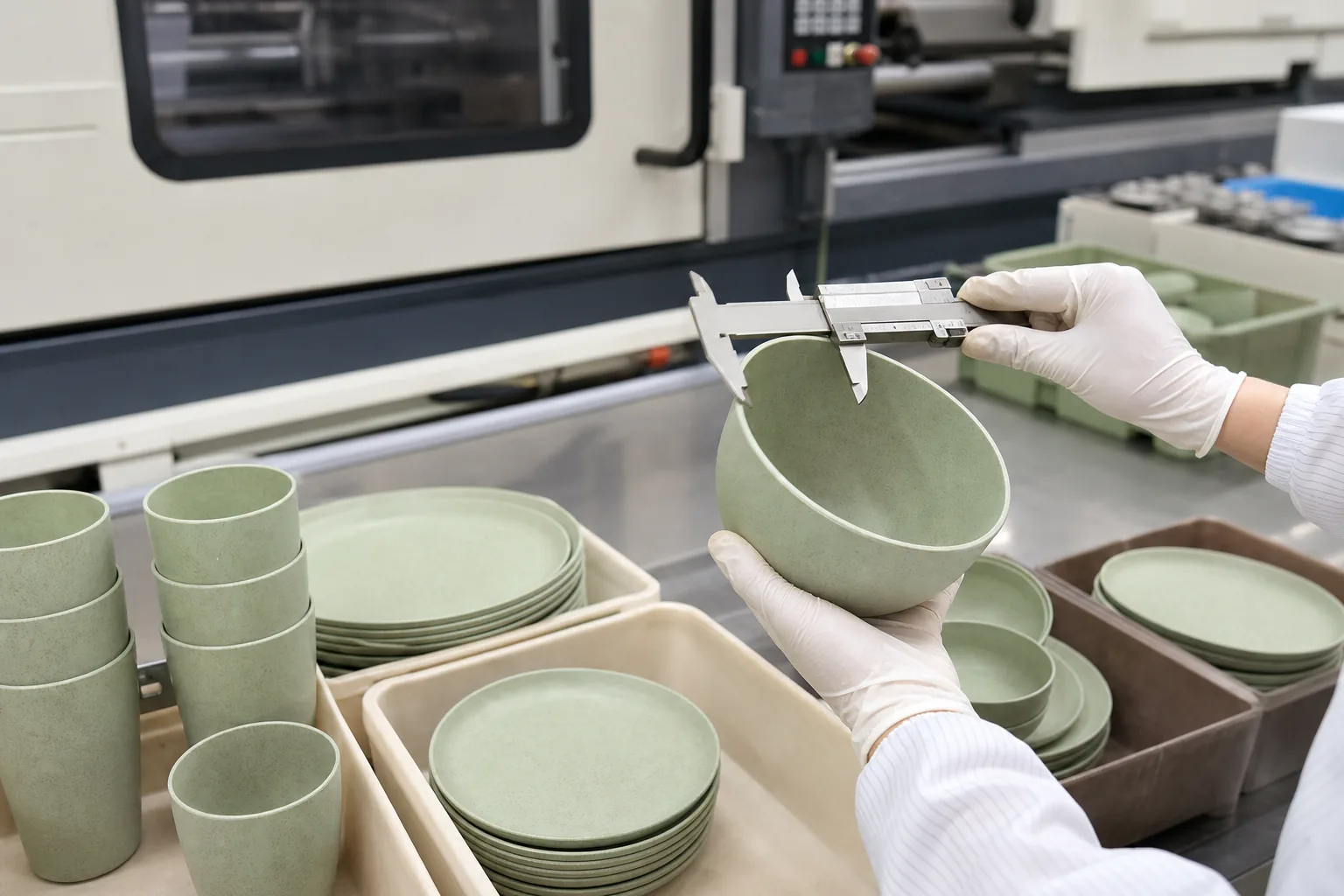 Factory inspector checking a wheat straw composite bowl with calipers