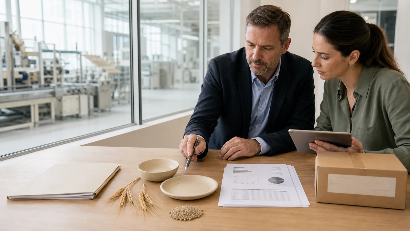 Buyer and factory quality team review wheat straw tableware safety documents with composite samples material records and laboratory reports