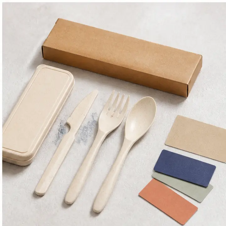 Wheat Straw Travel Cutlery Set private label color options for OEM ODM customization