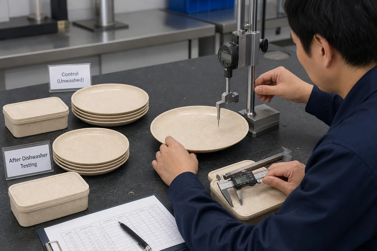 Quality technician measuring flatness and dimensional change on a wheat-straw composite plate after dishwasher testing