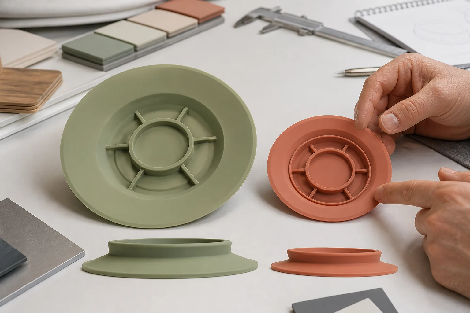 Engineer compares wide and thin silicone suction base design prototypes on smooth test panels