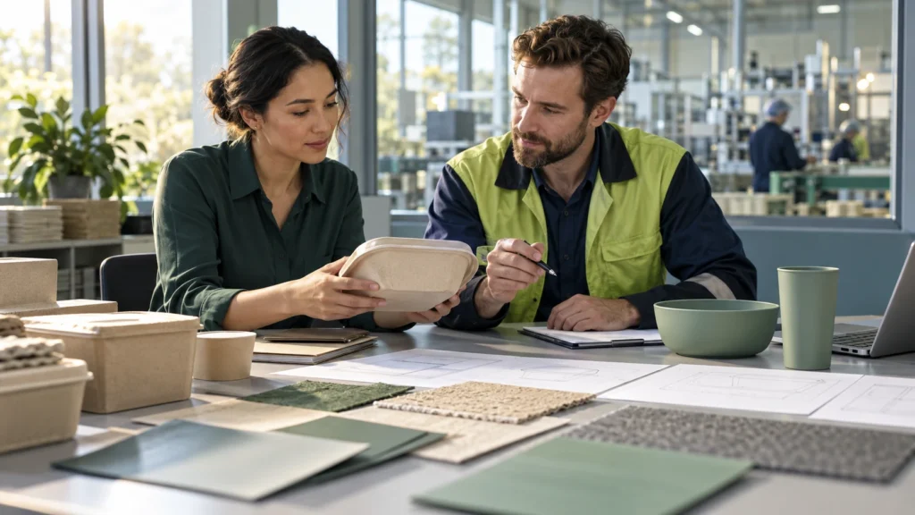 Australian buyer reviews food packaging evidence with material samples and a finished tableware pack