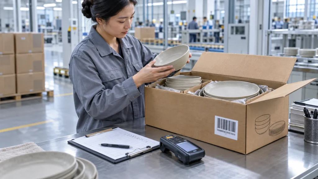 Barcode label verification evidence for private-label tableware cartons reviewed by a quality inspector