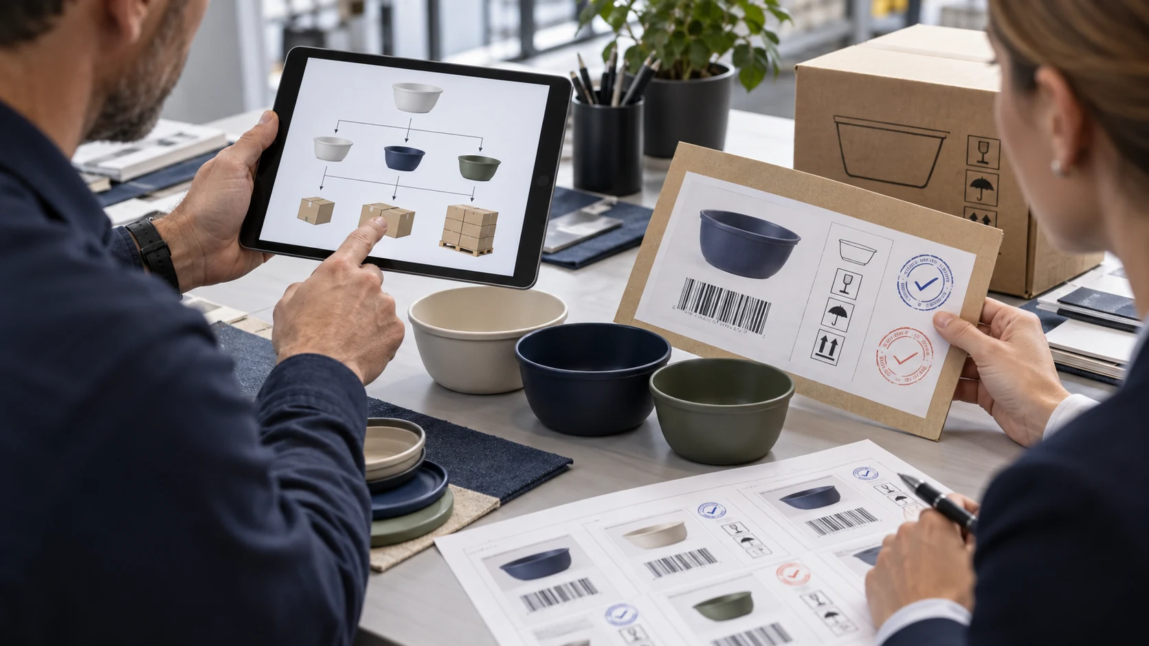 Buyer and factory compare GTIN master data with a printed carton label proof