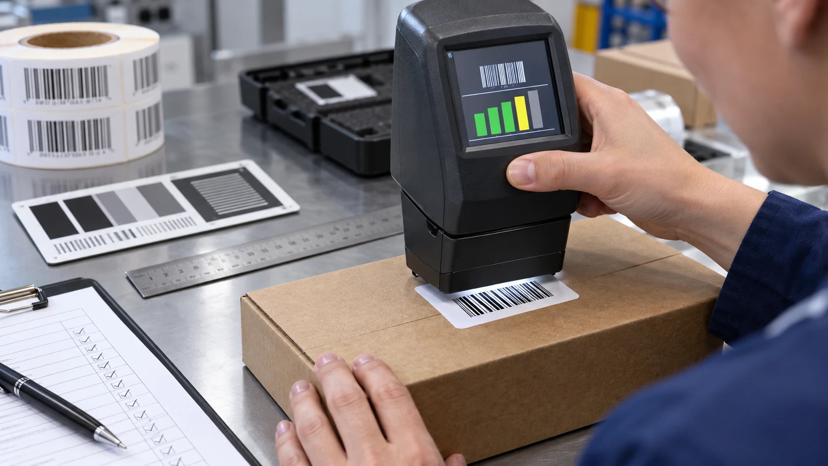 Quality technician measures a retail barcode with a calibrated barcode verifier