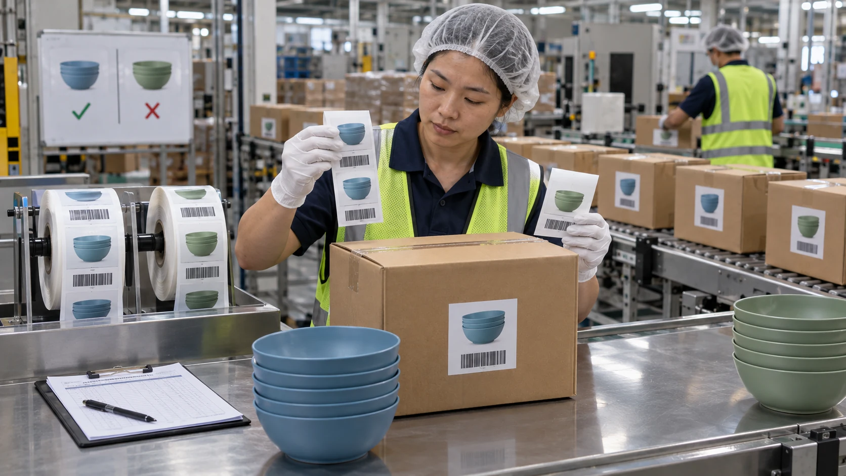 Factory inspector checks carton label version and placement during tableware packing