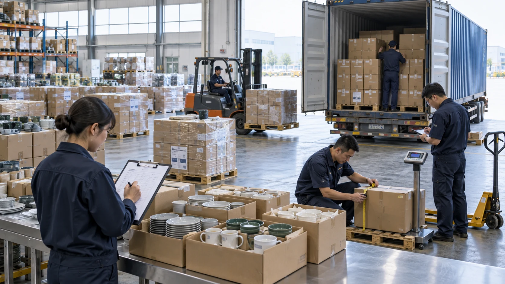 Mixed tableware purchase orders staged for a controlled consolidated container load