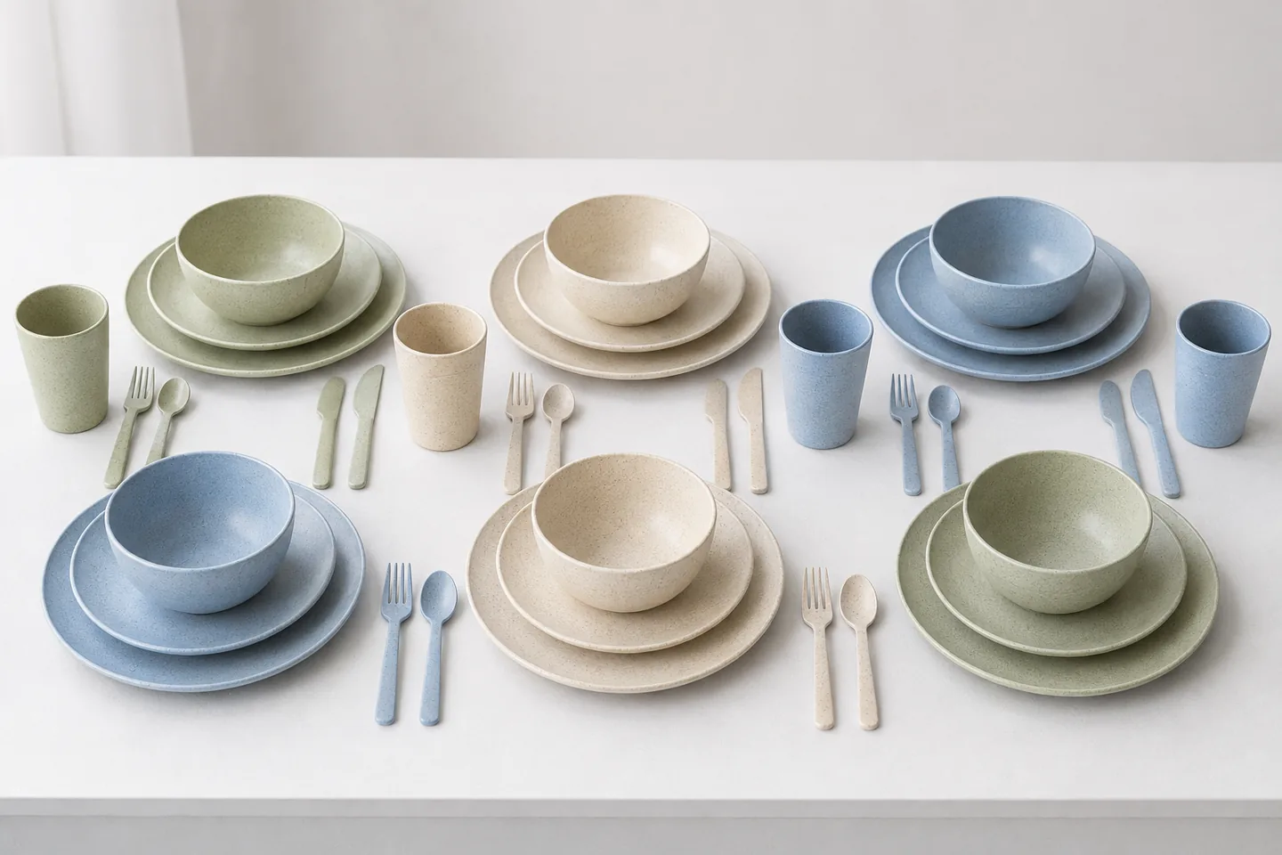 Custom 28 piece wheat straw dinnerware set with plates bowls cups and cutlery for six