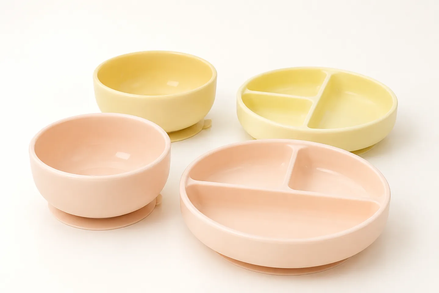 Custom liquid silicone suction plate and bowl set in coordinated pastel colors