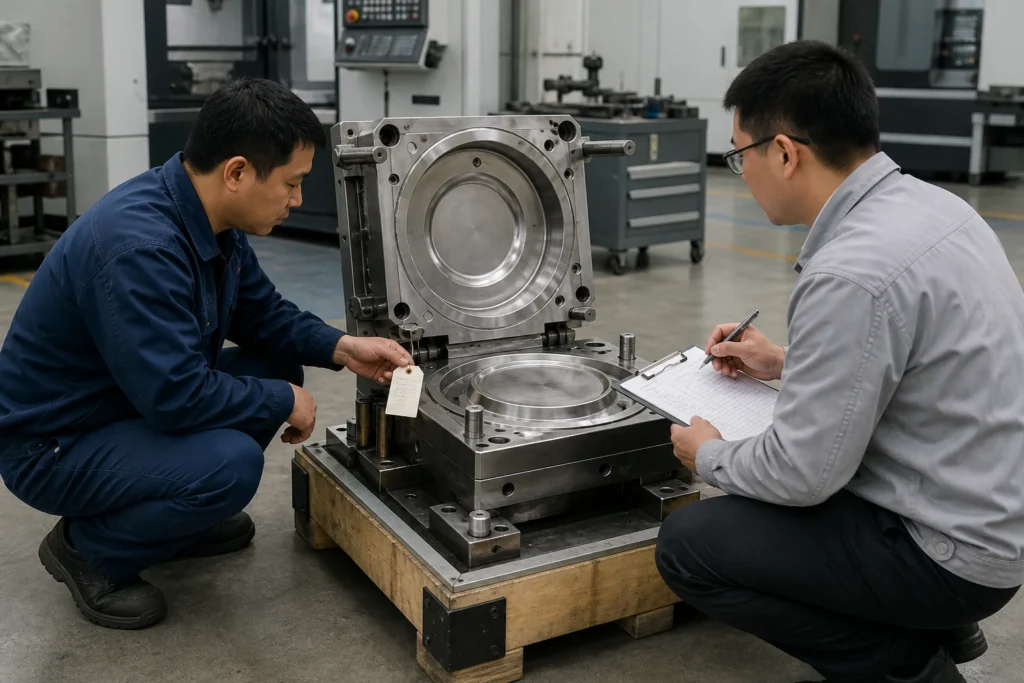 Buyer and factory team prepare to move a custom mold to another factory with records and protected tooling