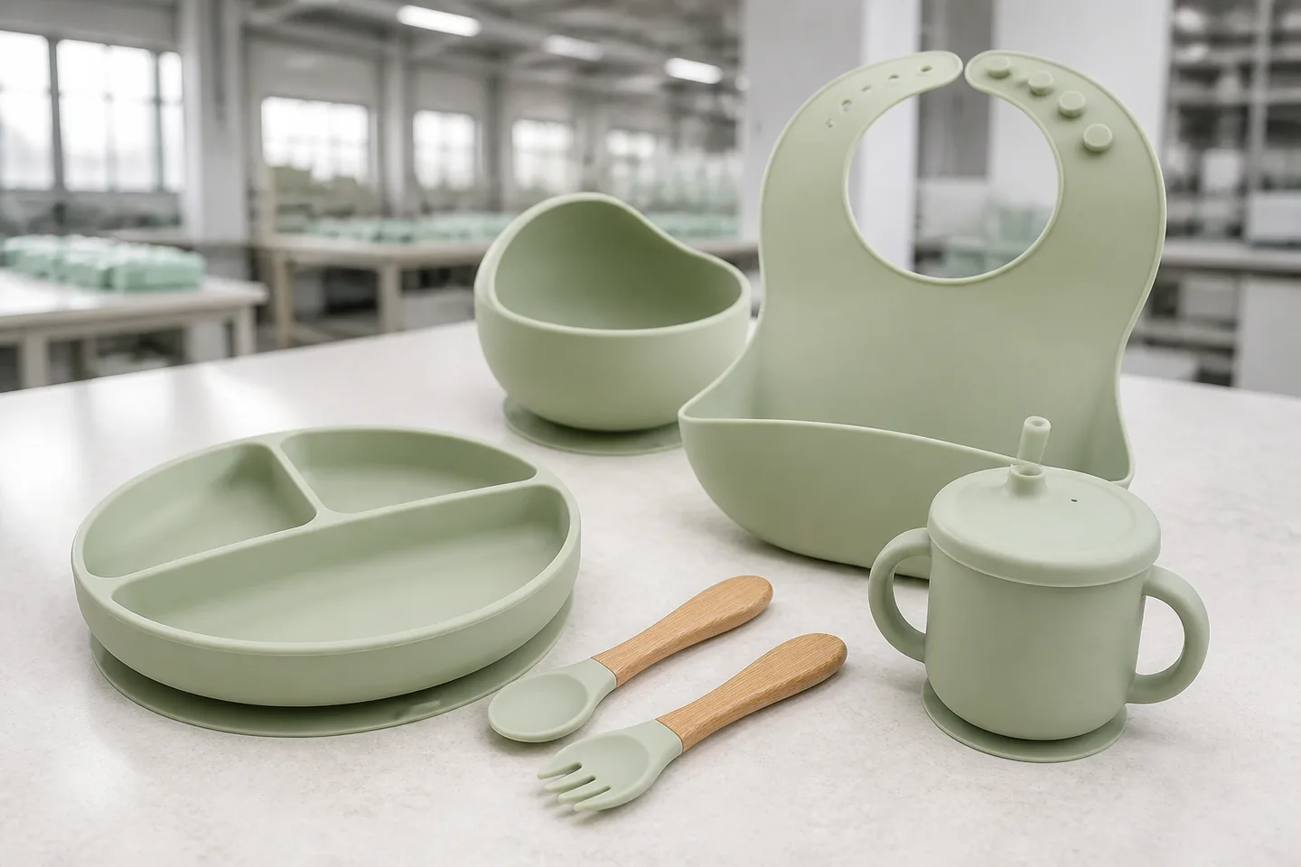 Custom silicone baby feeding set with plate bowl bib cup spoon and fork