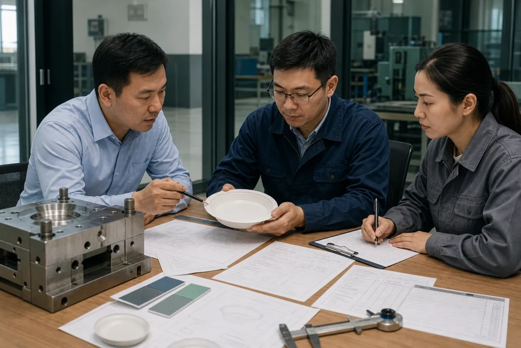 Custom tooling quotation evidence reviewed with mold specification drawings cost breakdown and tableware prototype