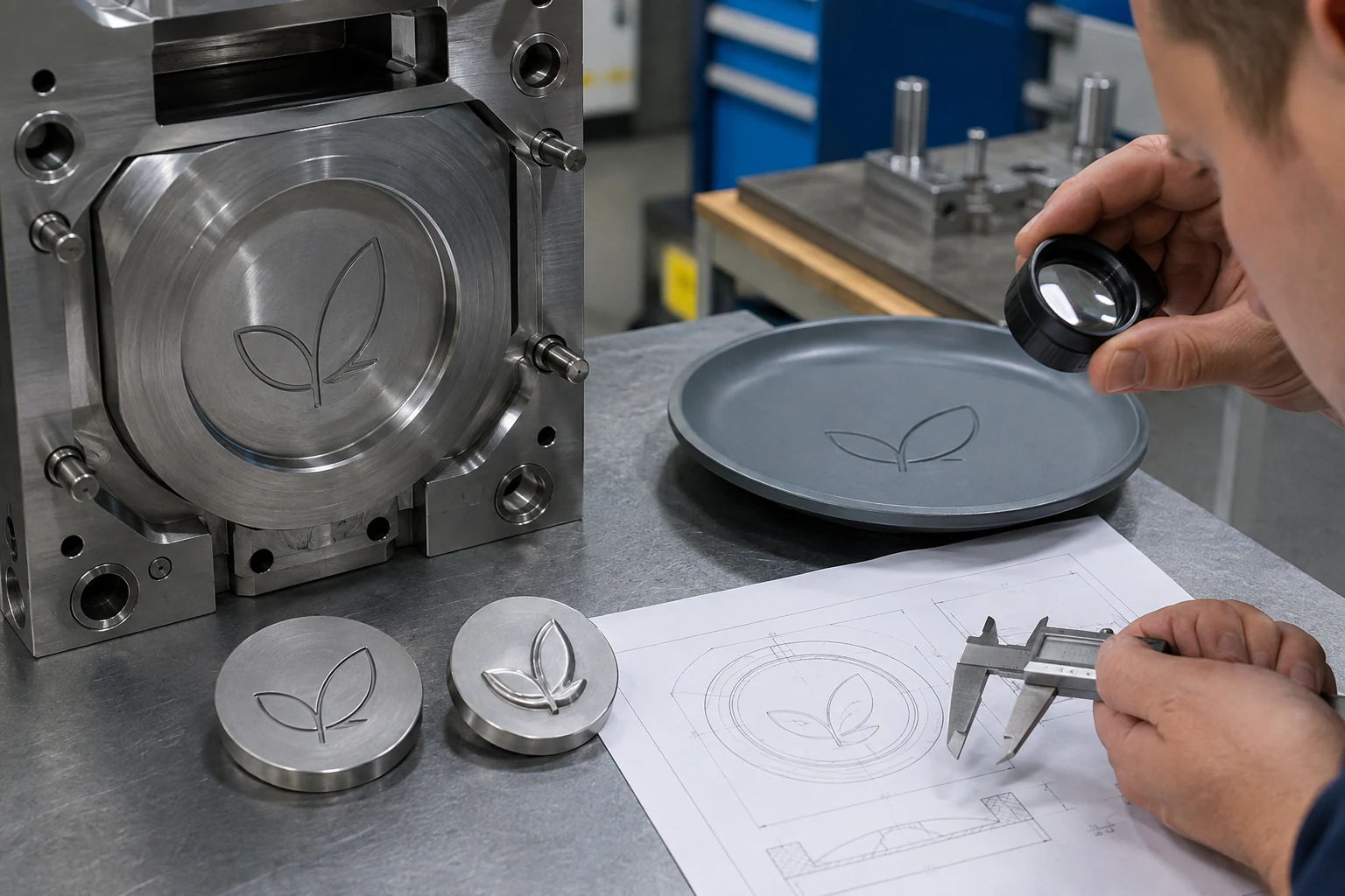 Engineer reviews debossed and embossed tableware logo mold inserts and sample surfaces