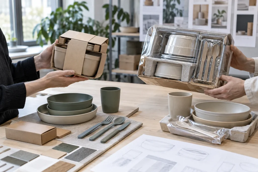 Buyer compares EU PPWR tableware packaging with a conventional retail pack and export carton