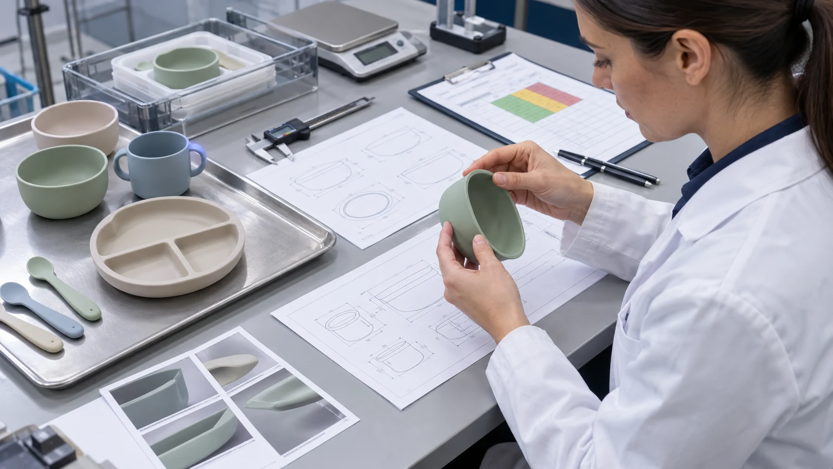 Tableware buyer and quality specialist review a product risk assessment and sample set