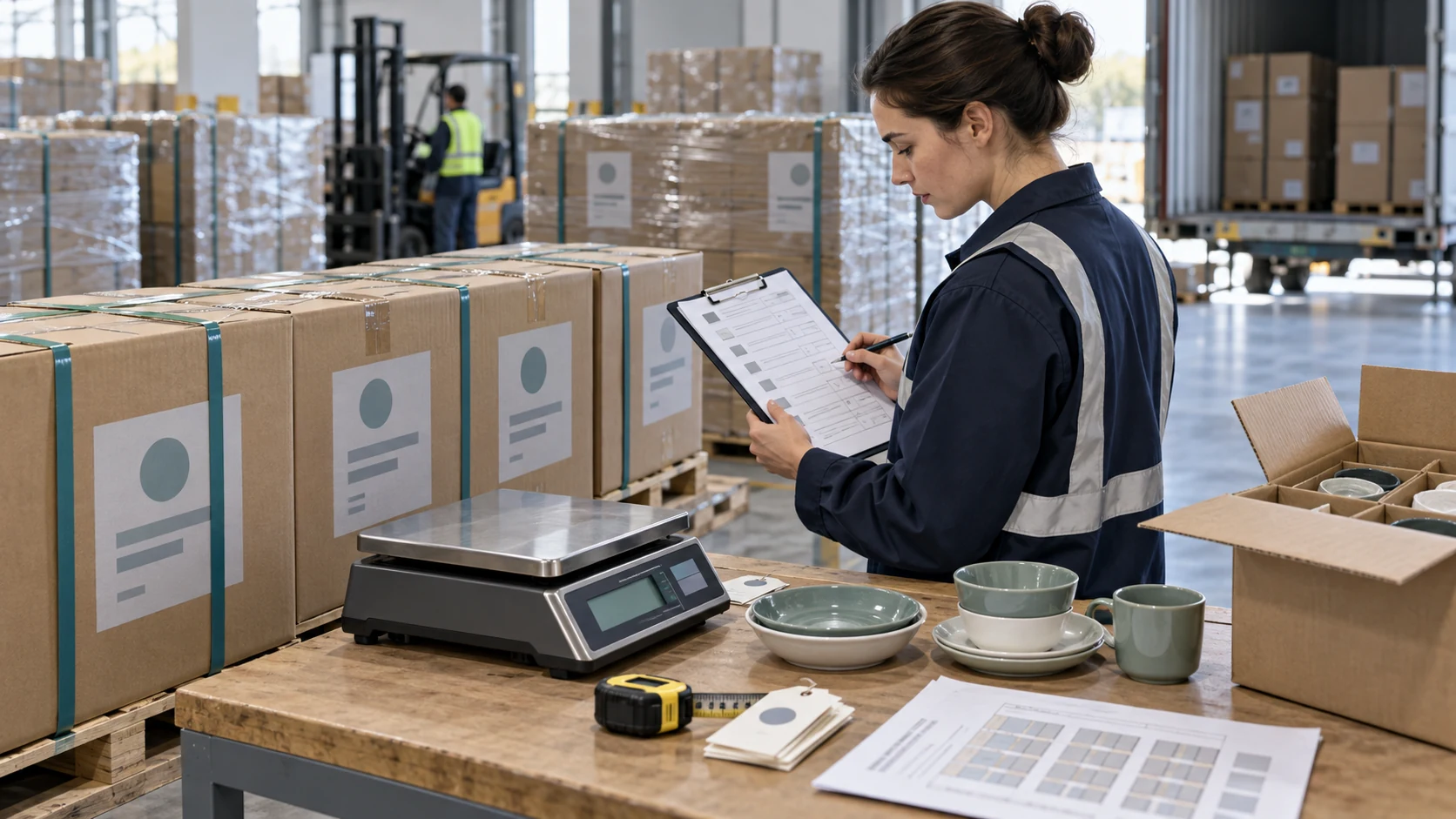 Inspector checks tableware carton quantities weights and marks against an export packing list
