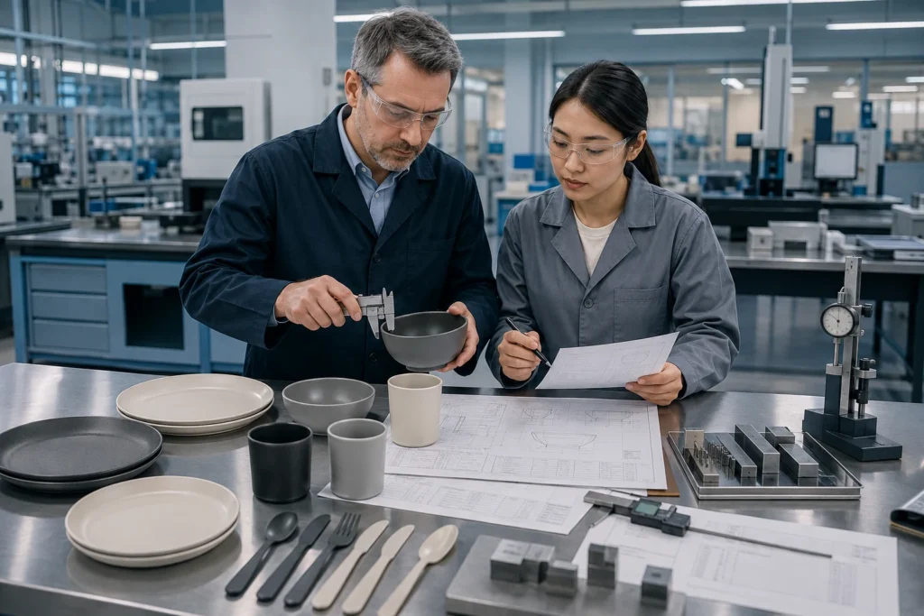 Buyer reviews a first article inspection report beside measured custom tableware samples and controlled drawings