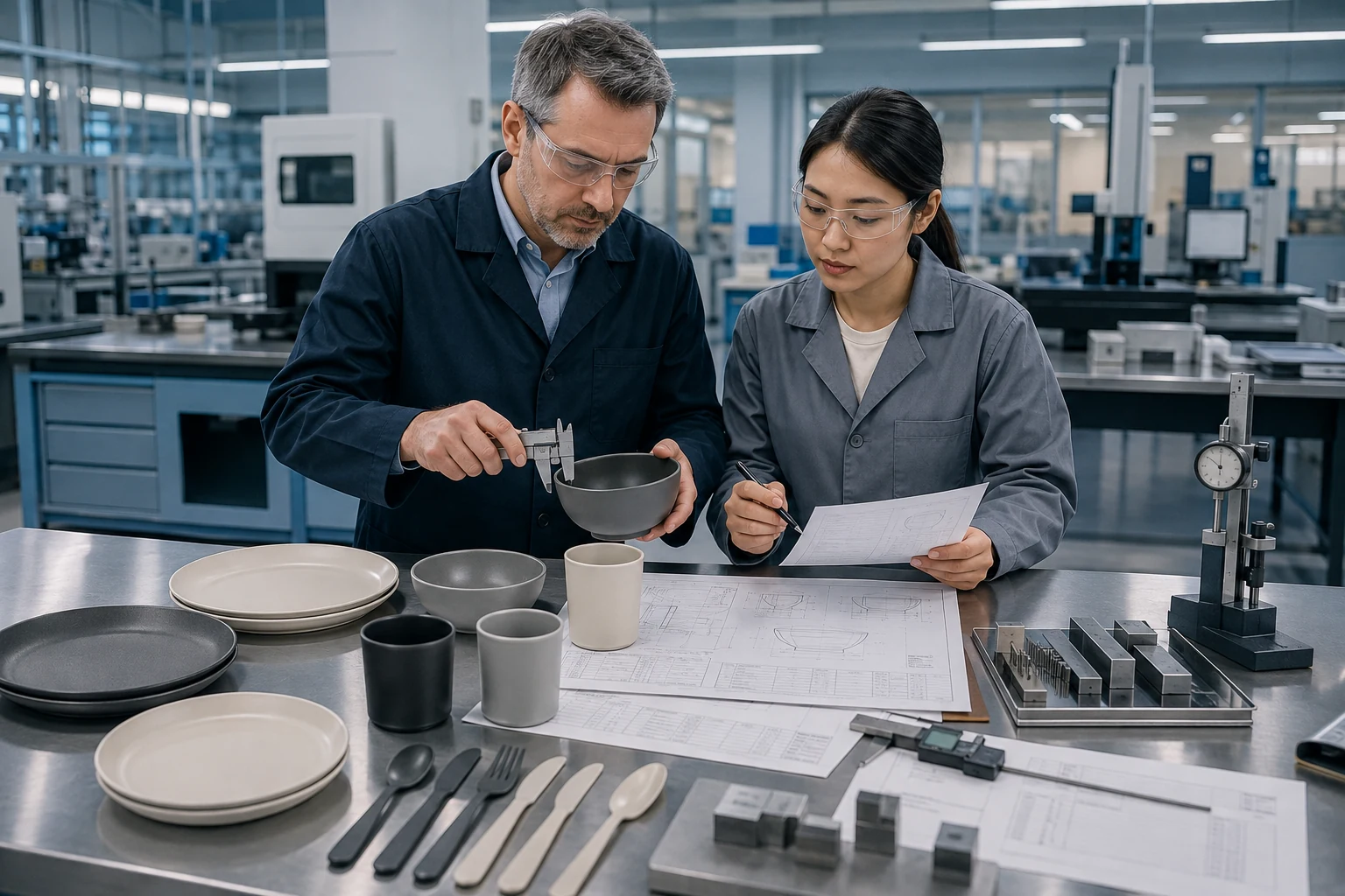 Buyer reviews a first article inspection report beside measured custom tableware samples and controlled drawings