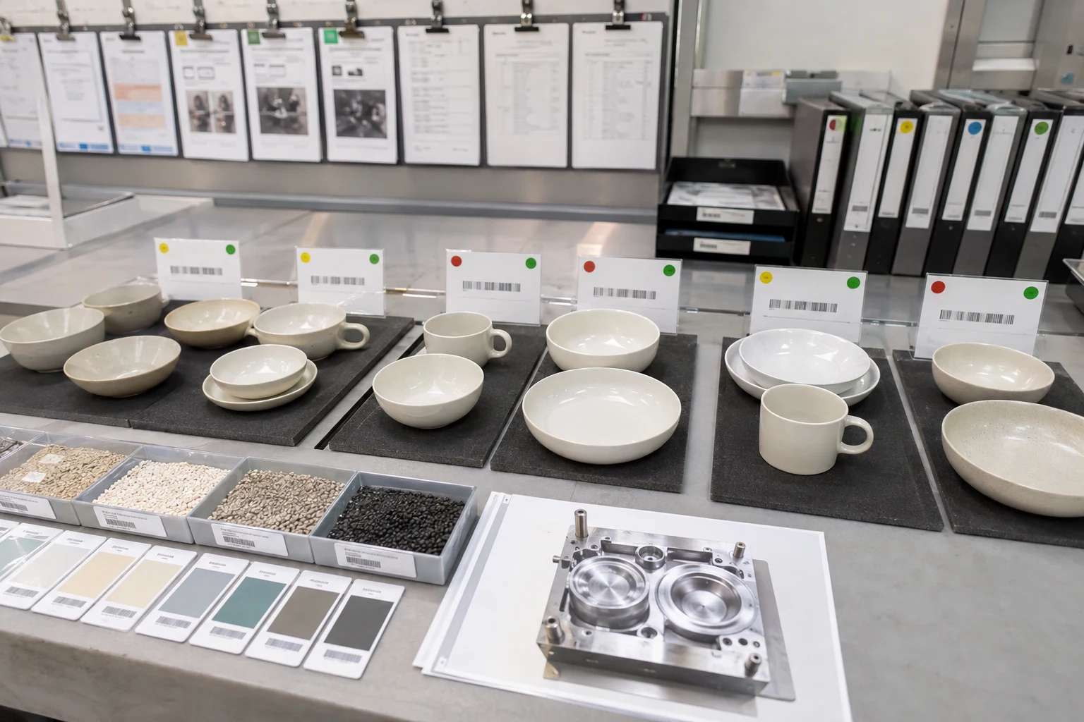 Labeled custom tableware first article samples linked to revisions materials cavities and inspection records