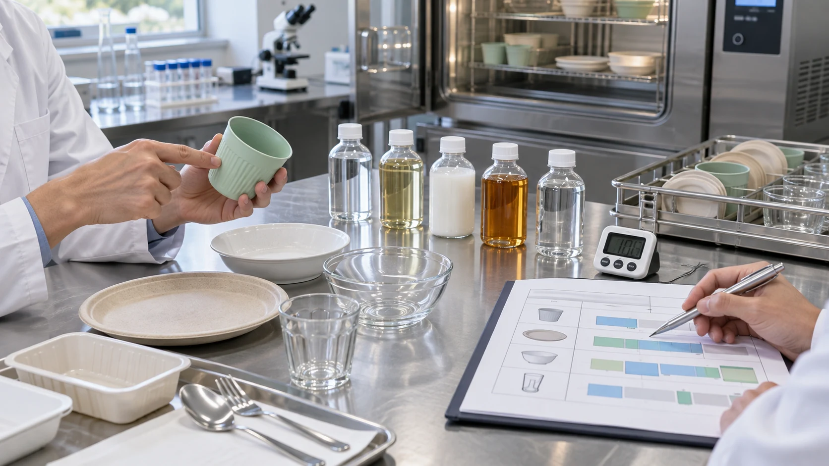 Laboratory planner matches tableware materials to food time and temperature test conditions
