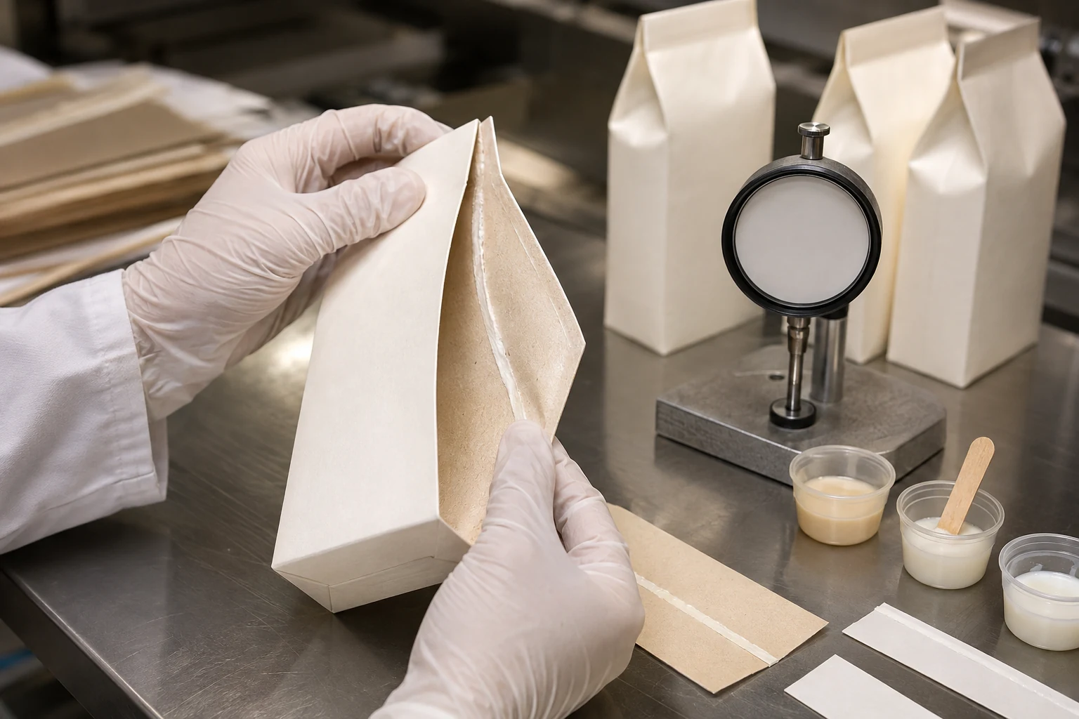 Technician checking adhesive seam bonding on folded food packaging under controlled lighting