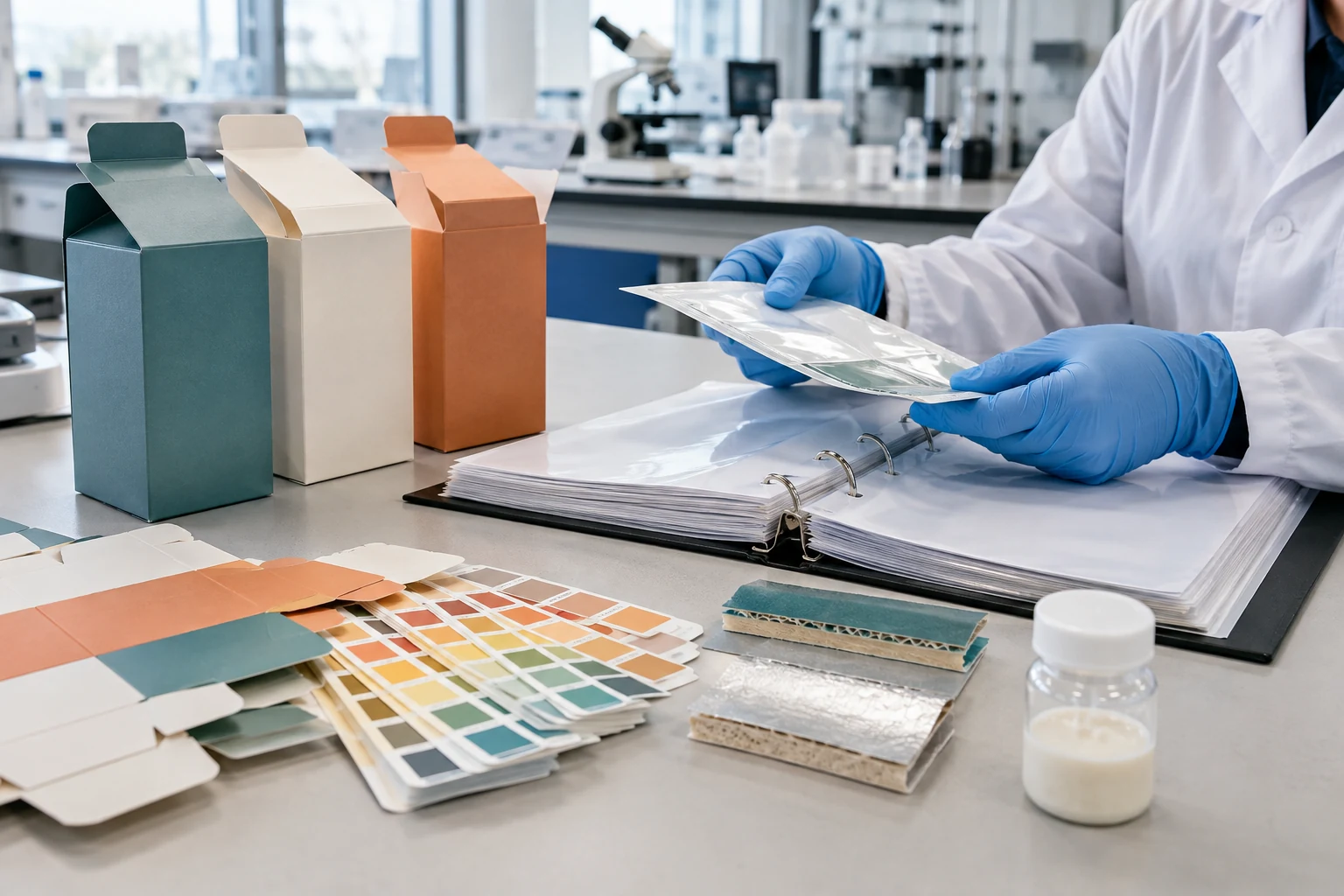 Food packaging ink adhesive compliance review with printed carton samples and controlled technical records