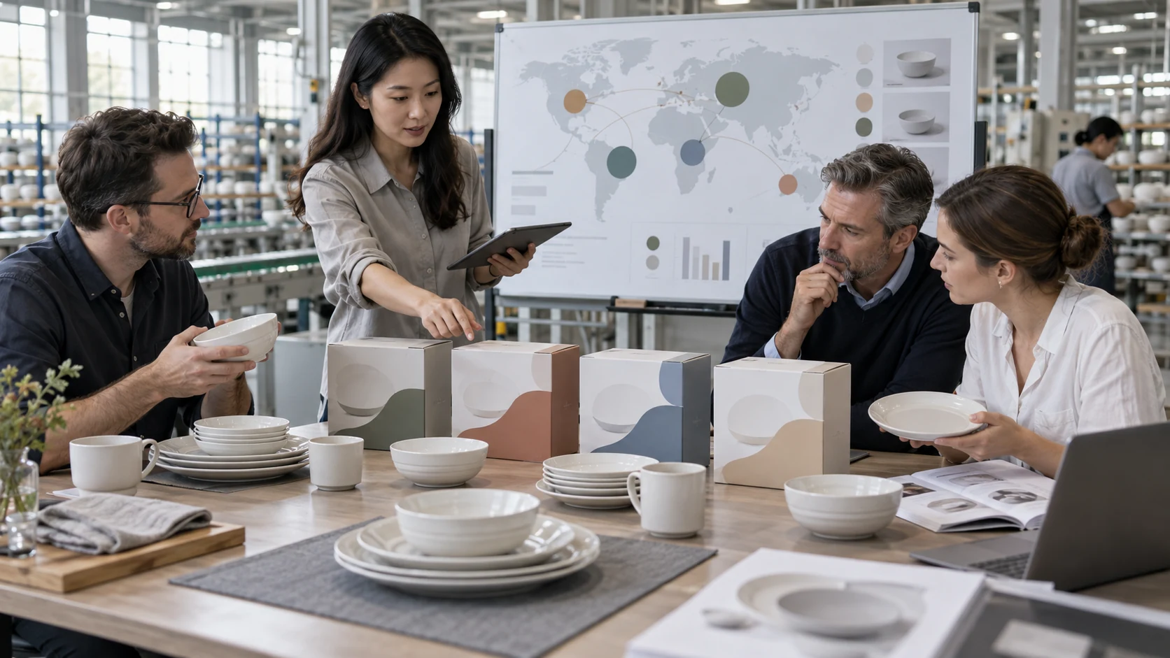 Buyer compares global SKU vs regional SKU tableware samples packaging and market plans