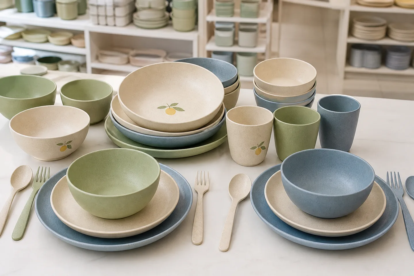 Lightweight wheat straw dinnerware set with round plates bowls cups and cutlery
