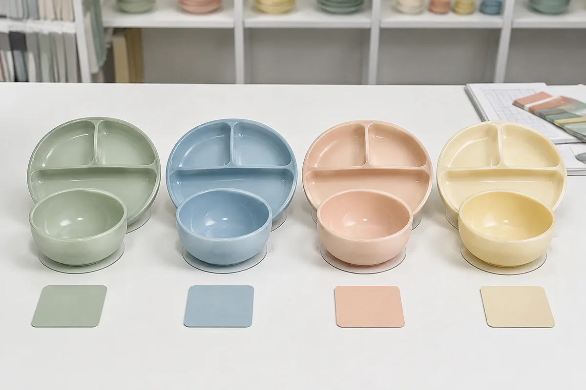 Four liquid silicone suction plate and bowl color samples with matching swatches