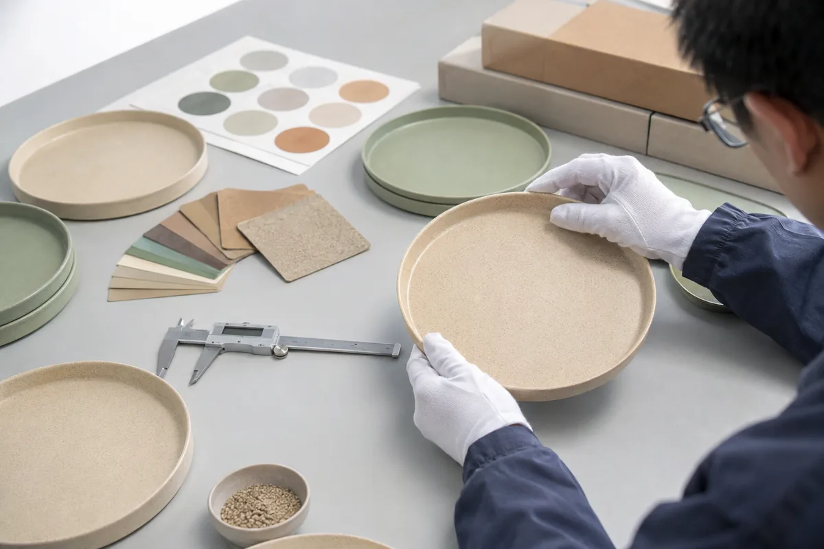 Product engineer reviewing matte wheat straw dinner plates with color and material references