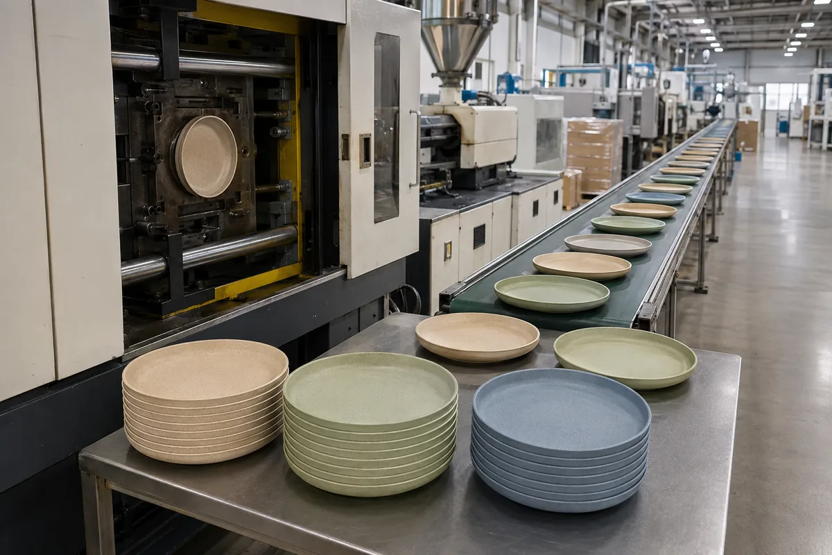 Matte wheat straw composite dinner plates moving through an injection molding production line
