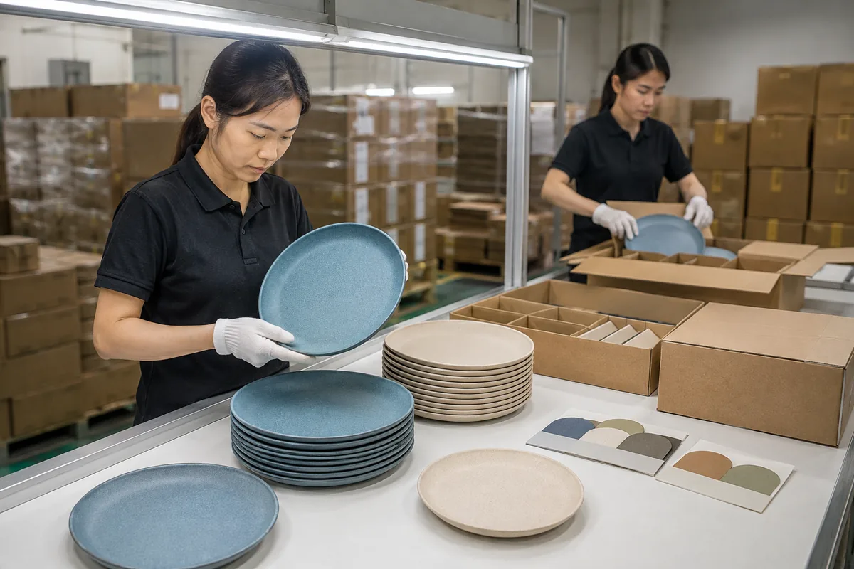 Factory team inspecting and packing matte wheat straw dinner plates for a private-label order